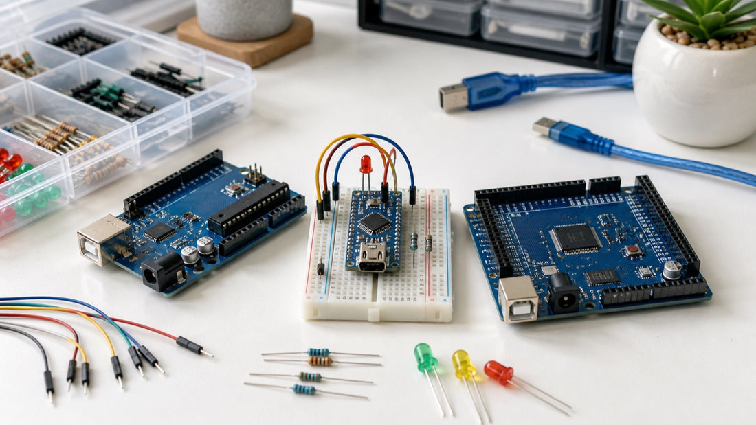 Comparativo visual entre placas Arduino Uno, Nano e Mega em bancada maker com protoboard, jumpers, resistores e LEDs