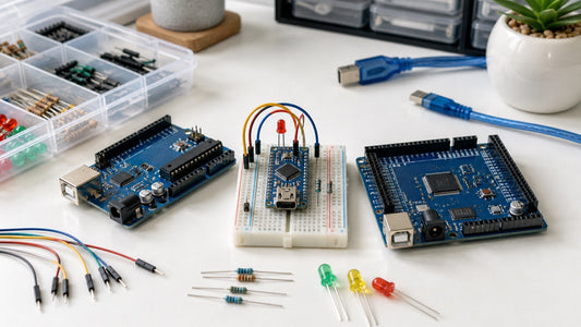 Comparativo visual entre placas Arduino Uno, Nano e Mega em bancada maker com protoboard, jumpers, resistores e LEDs