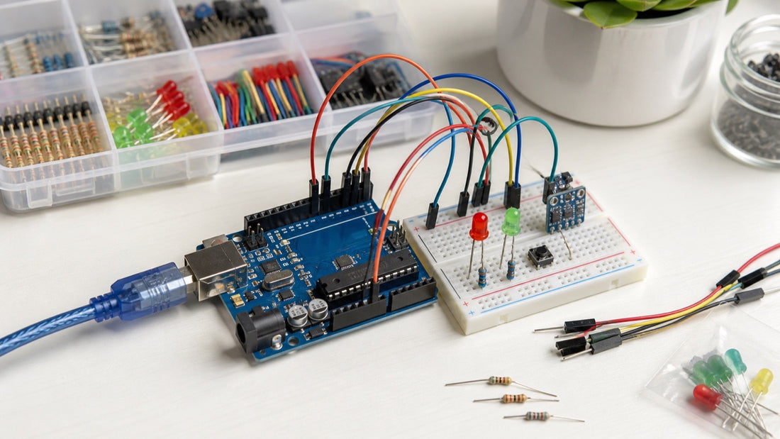 Primeiro circuito com Arduino em protoboard, jumpers, LEDs, resistores e sensor para aprender eletrônica do zero