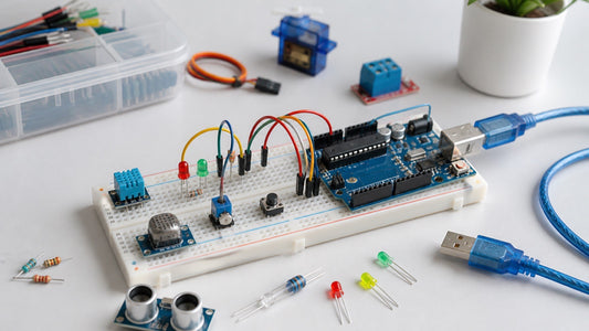 Placa Arduino compativel em protoboard com jumpers, sensores, LEDs e componentes para projeto maker