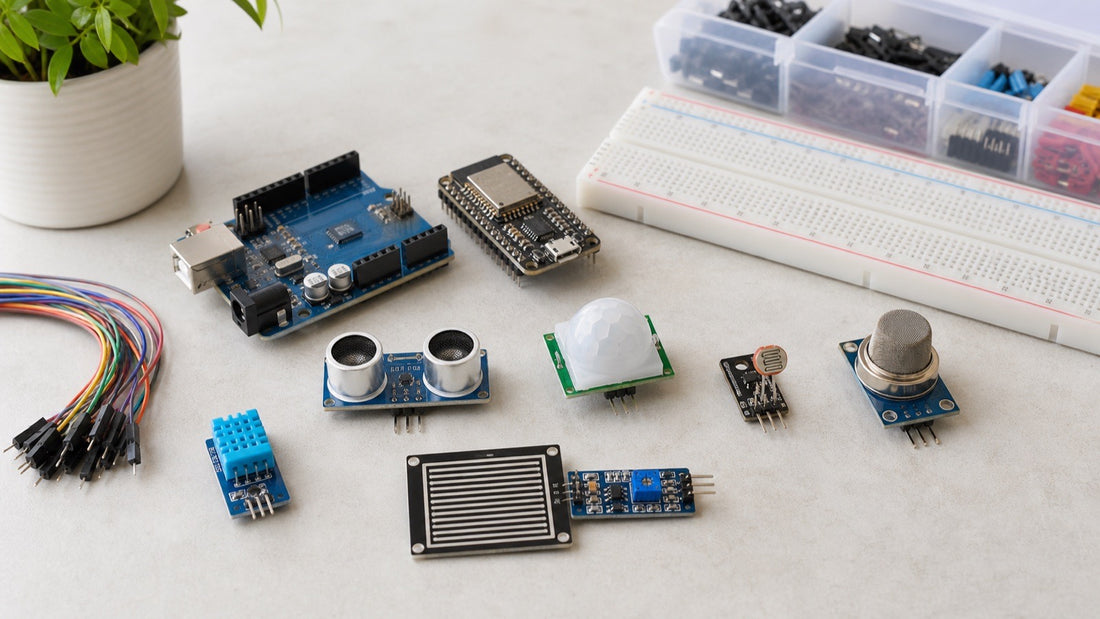 Sensores para Arduino e ESP32 em bancada maker com DHT11, ultrassonico, PIR, LDR, sensor de gas e sensor de chuva