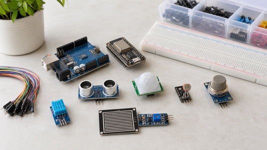 Sensores para Arduino e ESP32 em bancada maker com DHT11, ultrassonico, PIR, LDR, sensor de gas e sensor de chuva