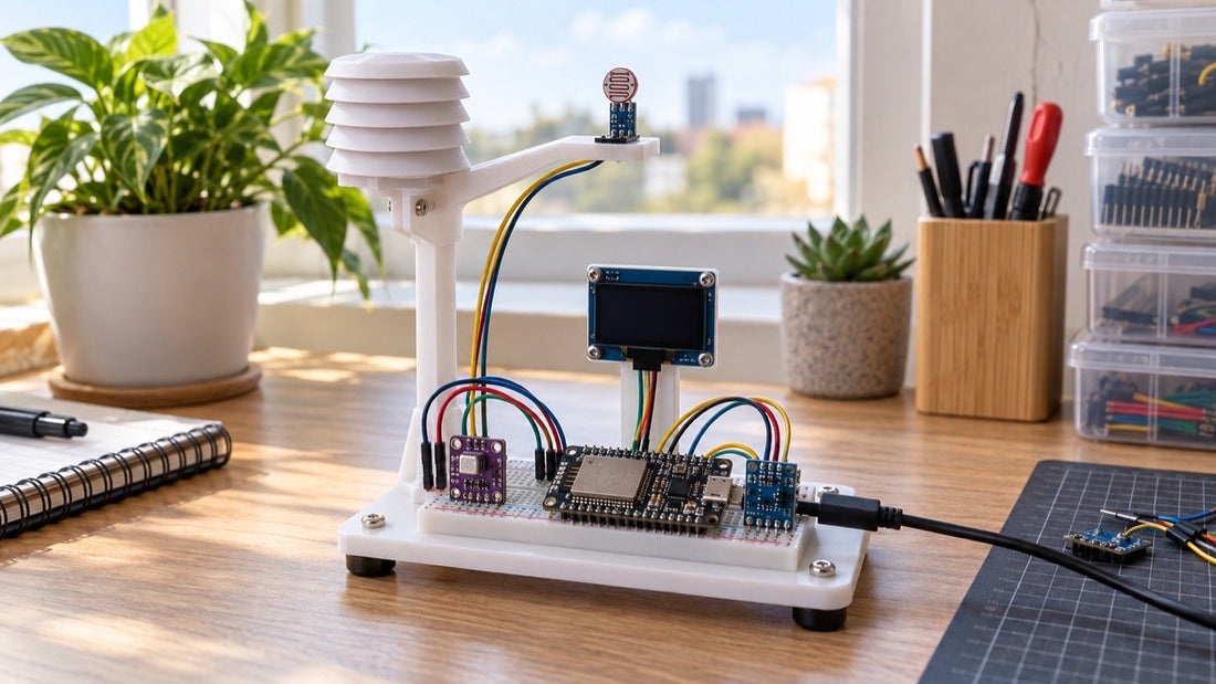 Estacao meteorologica com ESP32 sensores ambientais display e protoboard em bancada maker