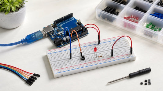 Primeiro circuito na protoboard com Arduino, jumper, LED, resistor e botao para iniciantes em eletronica maker