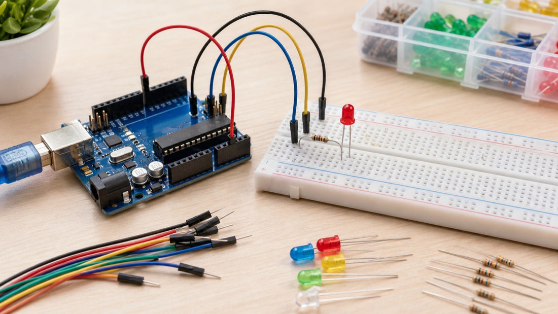 Jumper, resistor, LED e protoboard conectados ao Arduino em circuito basico para iniciantes em eletronica maker