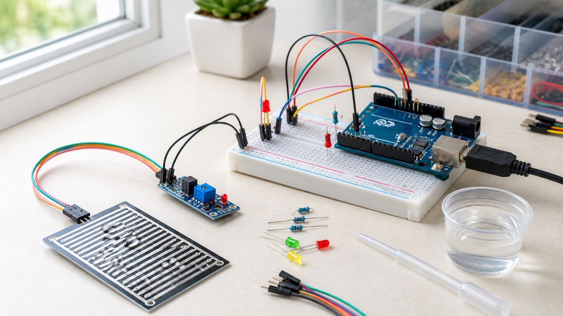 Sensor de chuva e nivel de agua ligado ao Arduino em protoboard para detectar agua
