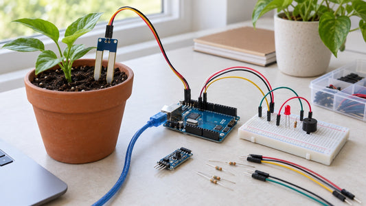Sensor de umidade do solo ligado ao Arduino em vaso com planta e protoboard