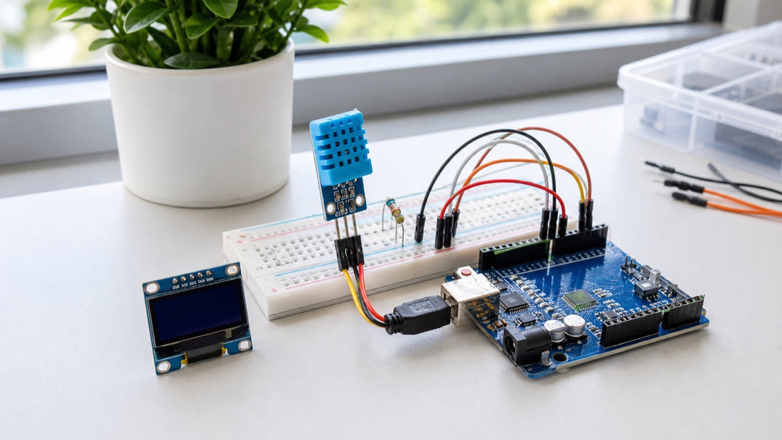 Sensor DHT11 ligado ao Arduino em protoboard para medir temperatura e umidade