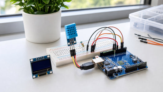 Sensor DHT11 ligado ao Arduino em protoboard para medir temperatura e umidade