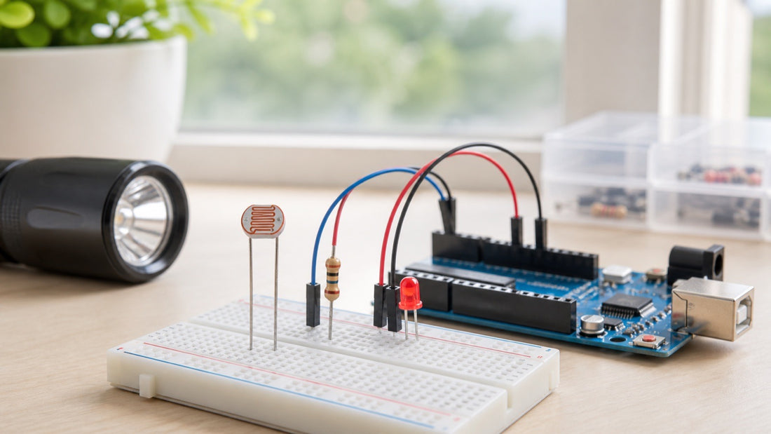 Sensor LDR ligado ao Arduino em protoboard com resistor e LED para detectar luz