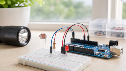 Sensor LDR ligado ao Arduino em protoboard com resistor e LED para detectar luz