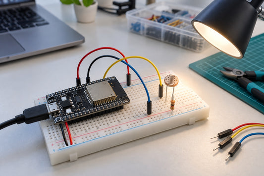 Sensor LDR ligado ao ESP32 em protoboard para medir luminosidade