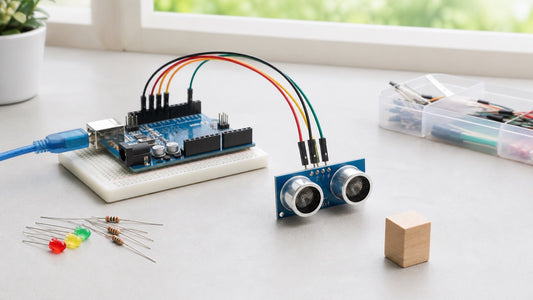 Sensor ultrassonico HC-SR04 ligado ao Arduino em protoboard para medir distancia