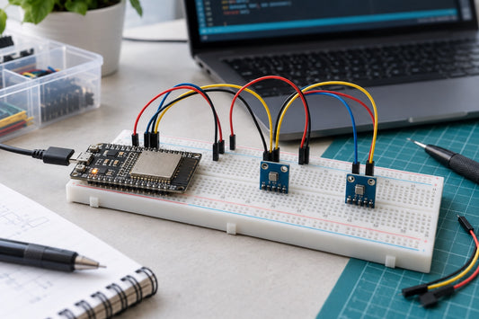ESP32 conectado a sensores BME280 e BMP280 em protoboard para estacao meteorologica