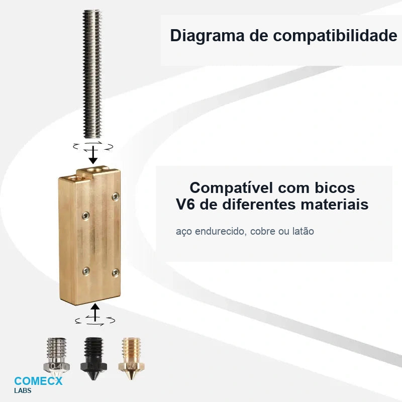 Adaptador Mellow Copper Super Volcano compatível com bicos V6 de diferentes materiais - Comecx Labs