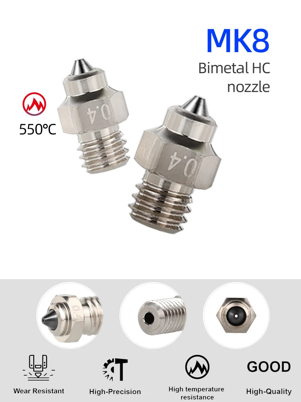 Bico Mellow DLC MK8 em aço endurecido e cobre para hotend CR10 - imagem 7 - Comecx Labs