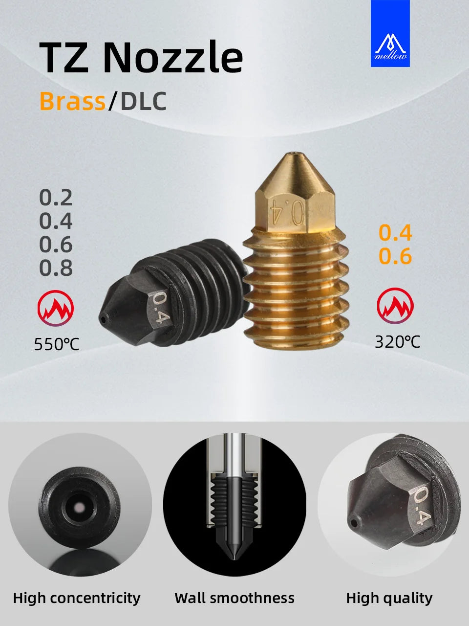 Bico Mellow NF TZ em aço endurecido para hotend TZ2.0 - imagem 7 - Comecx Labs