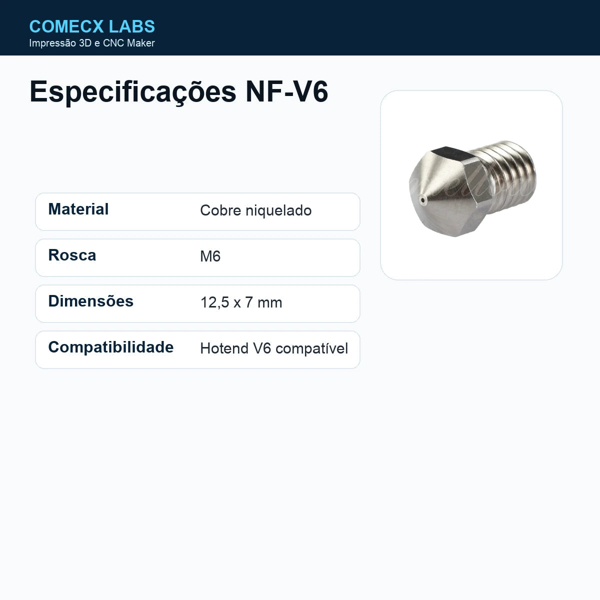 Especificações do bico Mellow NF-V6 em cobre niquelado - Comecx Labs