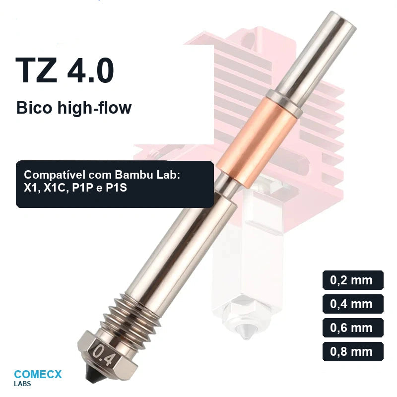 Bico Mellow TZ4.0 High Flow compatível com Bambu Lab X1 X1C P1P e P1S - Comecx Labs