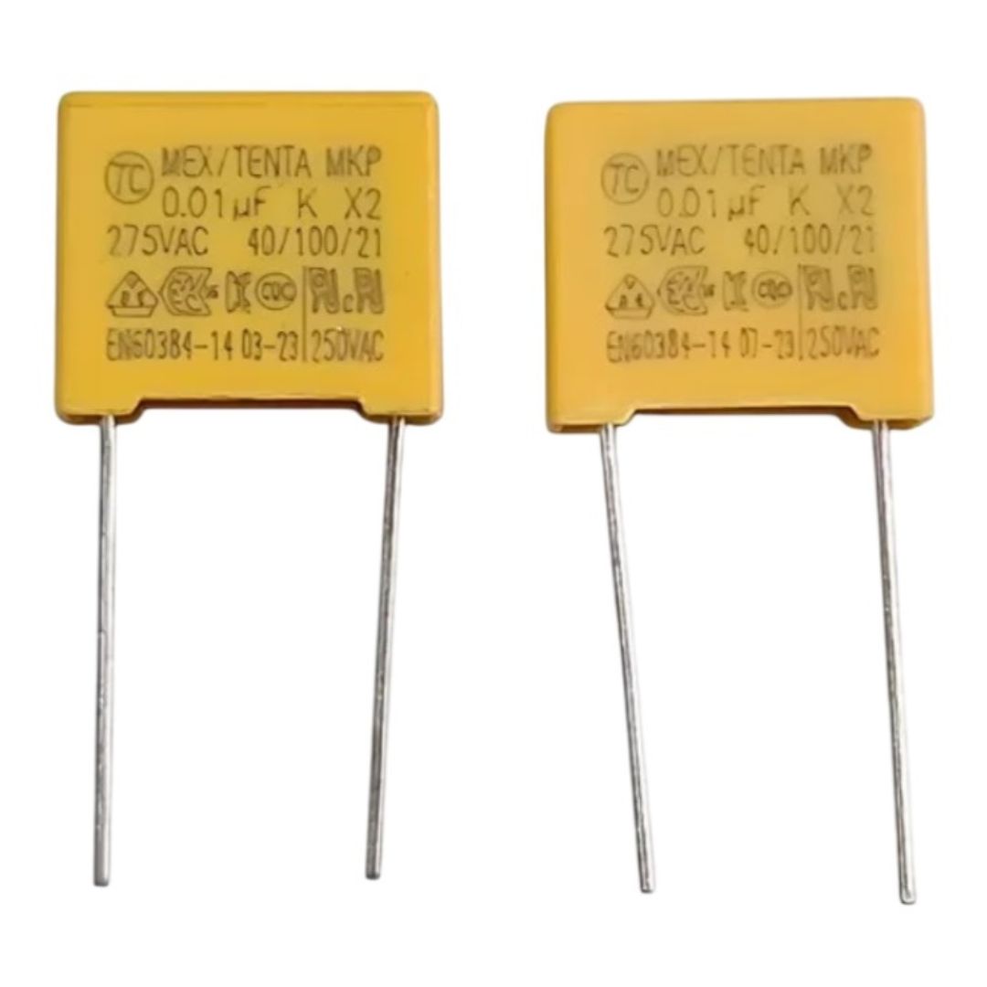 Capacitor Poliéster Supressor 10nF (10K / 0.01uF) 275V X2 MKP Passo 10mm (103) - MAN-PROT-SURGE-229198 - Comecx Labs