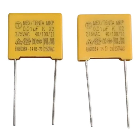 Capacitor Poliéster Supressor 10nF (10K / 0.01uF) 275V X2 MKP Passo 10mm (103) - MAN-PROT-SURGE-229198 - Comecx Labs